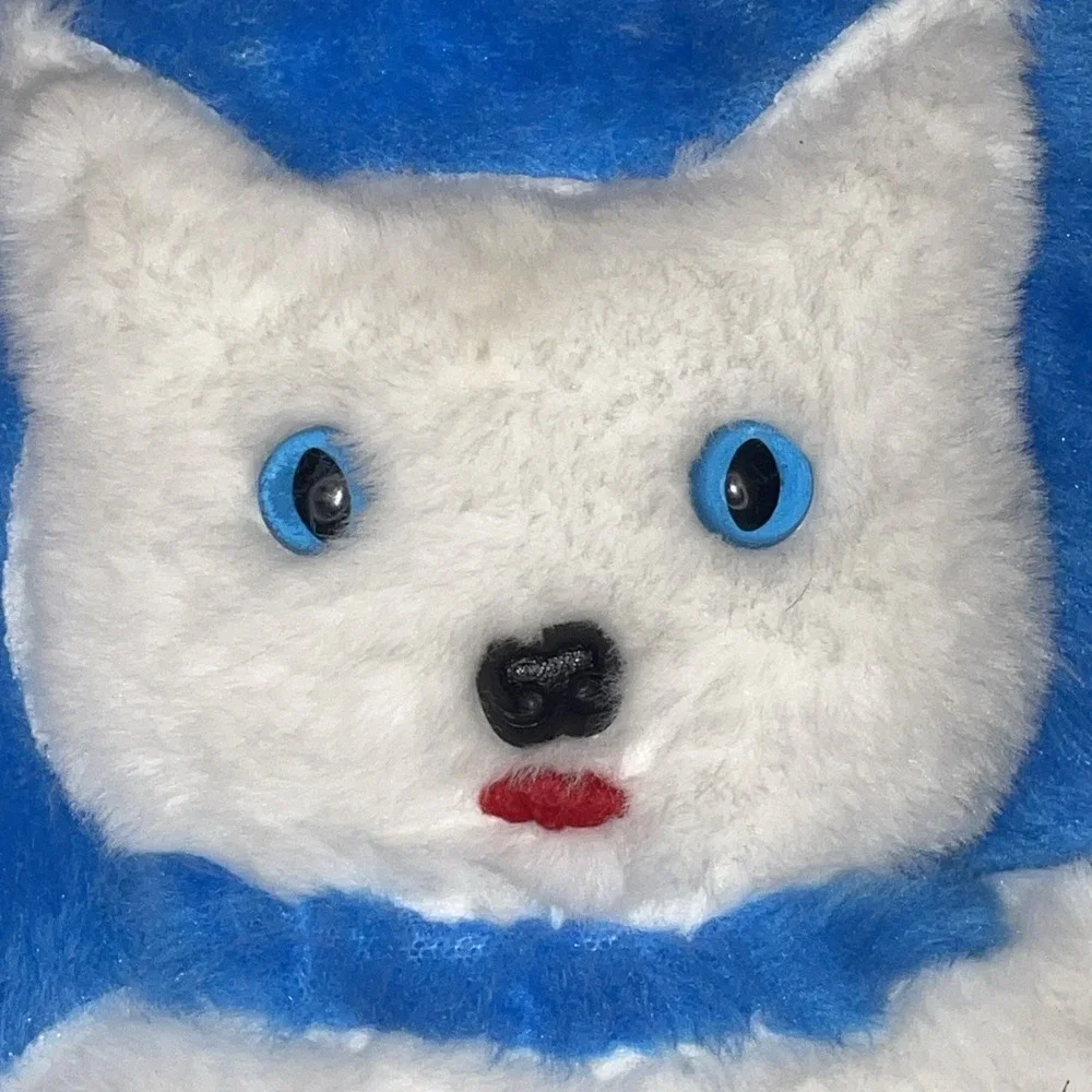 Eclectic 1960 Vintage Circular Pillow Blue White 2D Cat Marble Like Eyes Kitschy